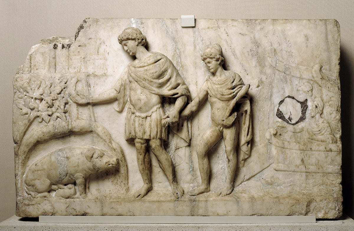 marble relief aeneas arrival rome sow