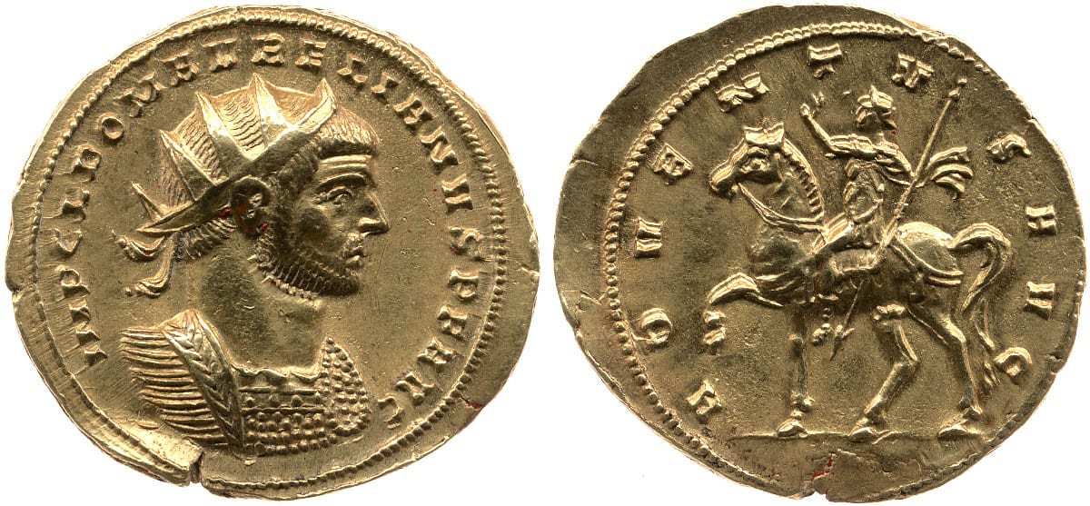 Gold coin of Aurelian, showing emperor in full military dress on the reverse, 270-275 CE. Source: The British Museum, London