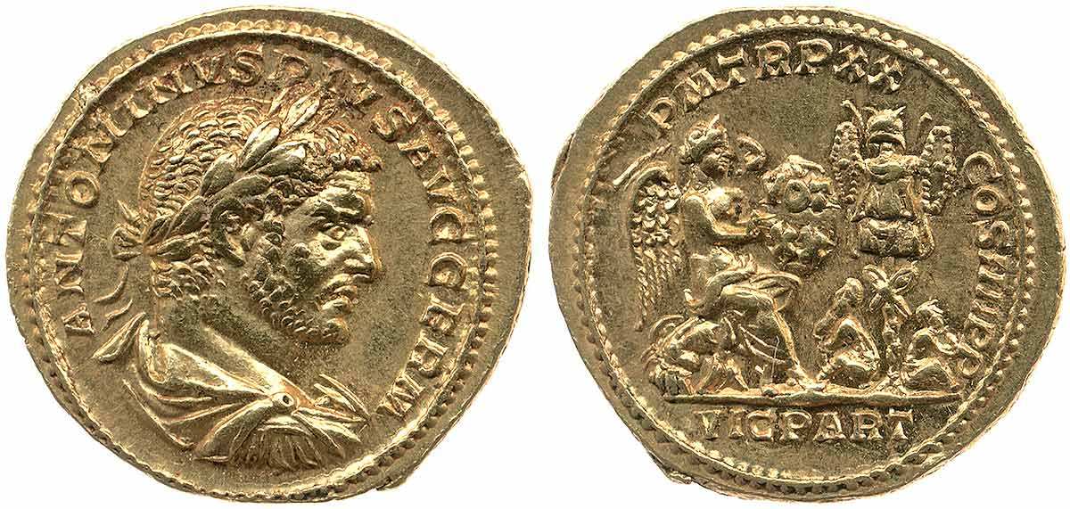 Aureus of Caracalla, with reverse depiction of Victory, seated on a cuirass, flanked by trophy and captives, 217 CE. Source: The British Museum