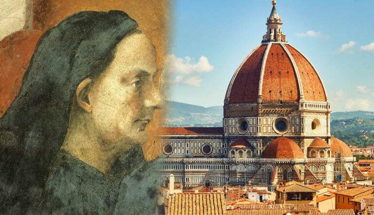 Filippo Brunelleschi self-portrait with Dome of Florence, Italy, Santa Maria