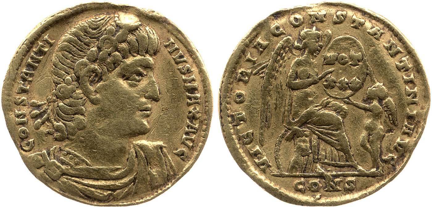 Gold solidus of emperor Constantine I, showing the personification of Victory, 336-337 CE. Source: The British Museum, London