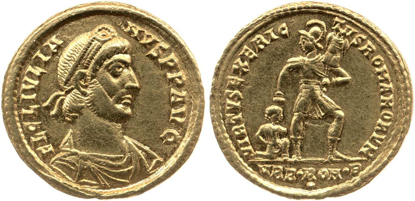 Golden coin of emperor Julian with his signature philosopher beard, reverse depicting emperor dragging the captive, 360-363 CE. Source: British Museum