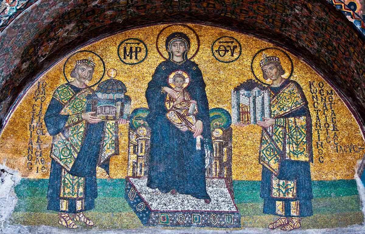 The mosaic from the Hagia Sophia, showing the Virgin Mary holding the Christ Child, flanked by the emperors Constantine and Justinian, holding the model of the city of Constantinople, and the church of Hagia Sophia, 9th century, Istanbul