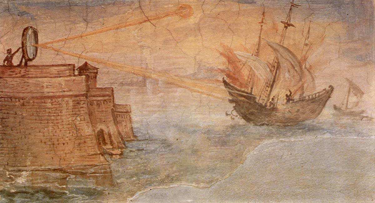 Wall painting from the Uffizi Gallery, Stanzino delle Matematiche, in Florence, Italy, showing the Archimedes’ “Heat ray” mirror being used to burn Roman warships. Source: Wikimedia Commons