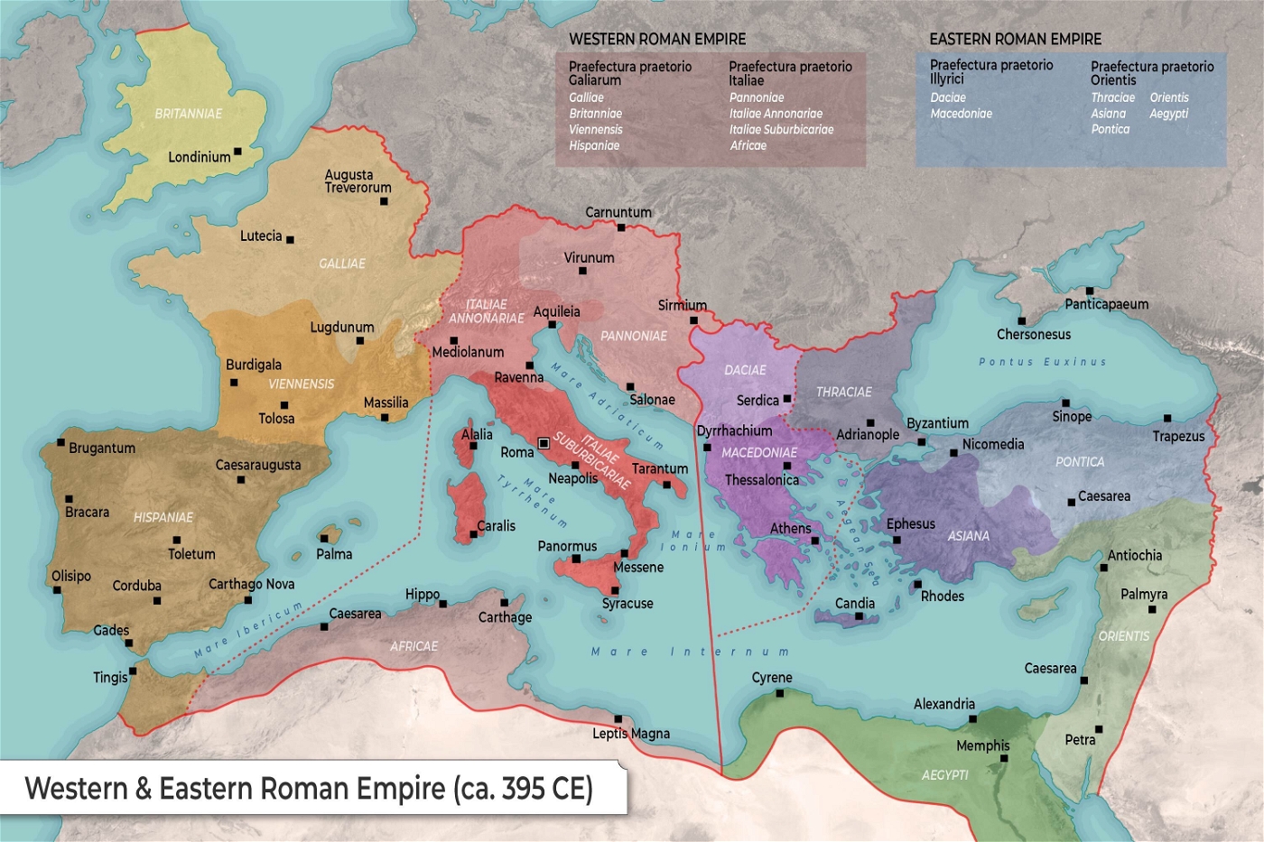 Map of the Western & Eastern Roman Empire (ca. 395, under Theodosius)