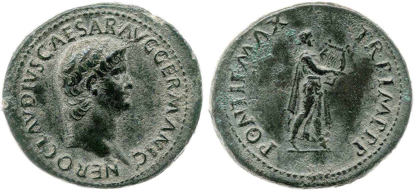 Coin showing bust of Nero on the left, Nero laureate playing a lyre on the right, 62 CE, The British Museum