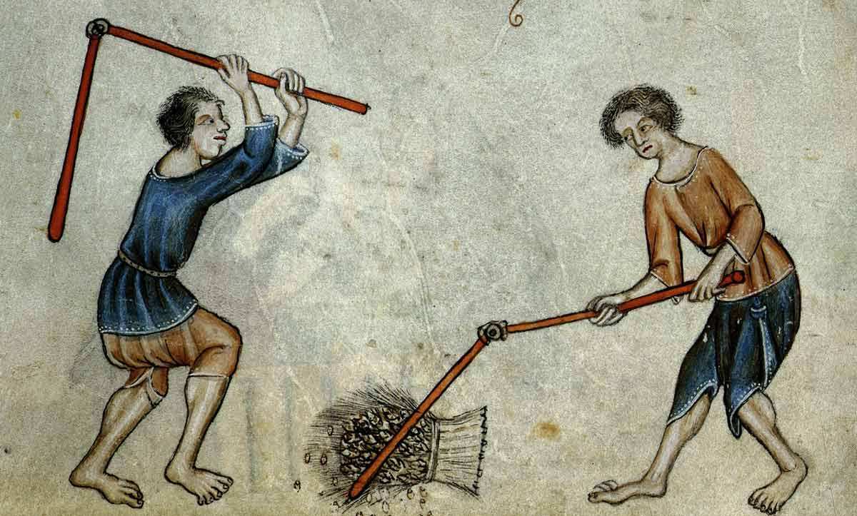 peasants threshing flails