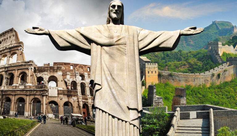 seven wonder of the world, including christ statue, colosseum, and the great wall of China.