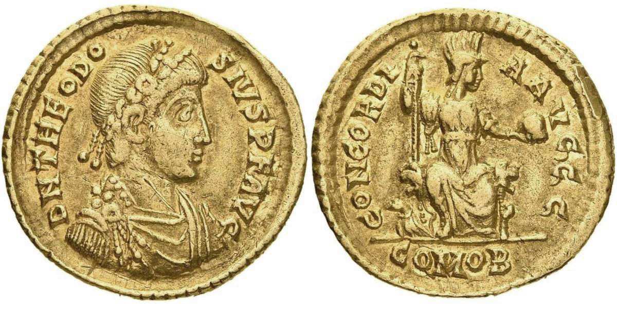 Gold solidus of Theodosius I, with reverse depiction of Constantinople’s personification, ca. 388-393 CE. Source: The National Museums, Berlin