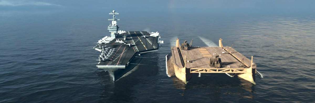 Digital reconstruction of a giant tessarakonteres, compared with modern aircraft carrier. Source: blog.kakaocdn.net