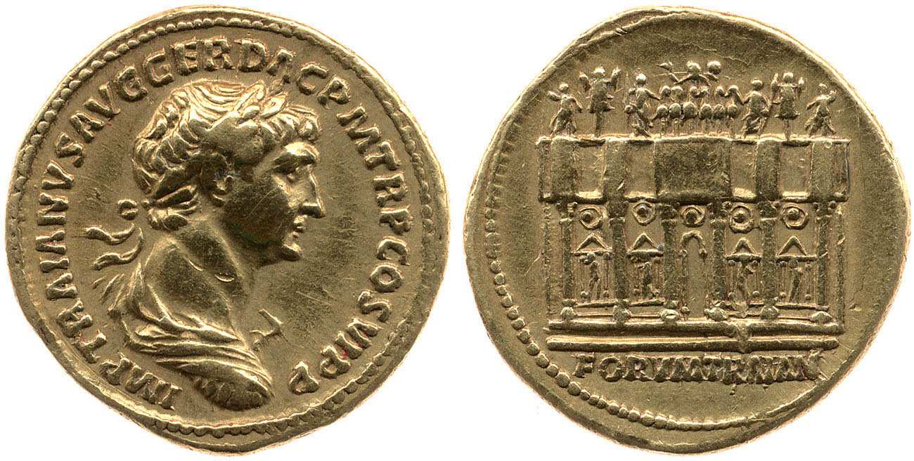 Gold Aureus of emperor Trajan, with reverse showing the Basilica Ulpia in the Forum of Trajan with trophies and quadriga statuary, 112-17 CE. Source: The British Museum